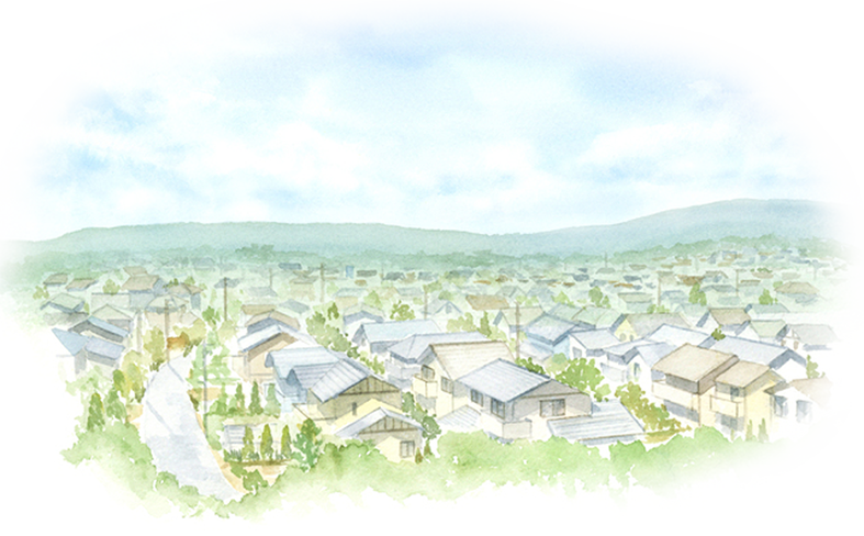緑豊かな住宅街を見渡す水彩画風のイラスト