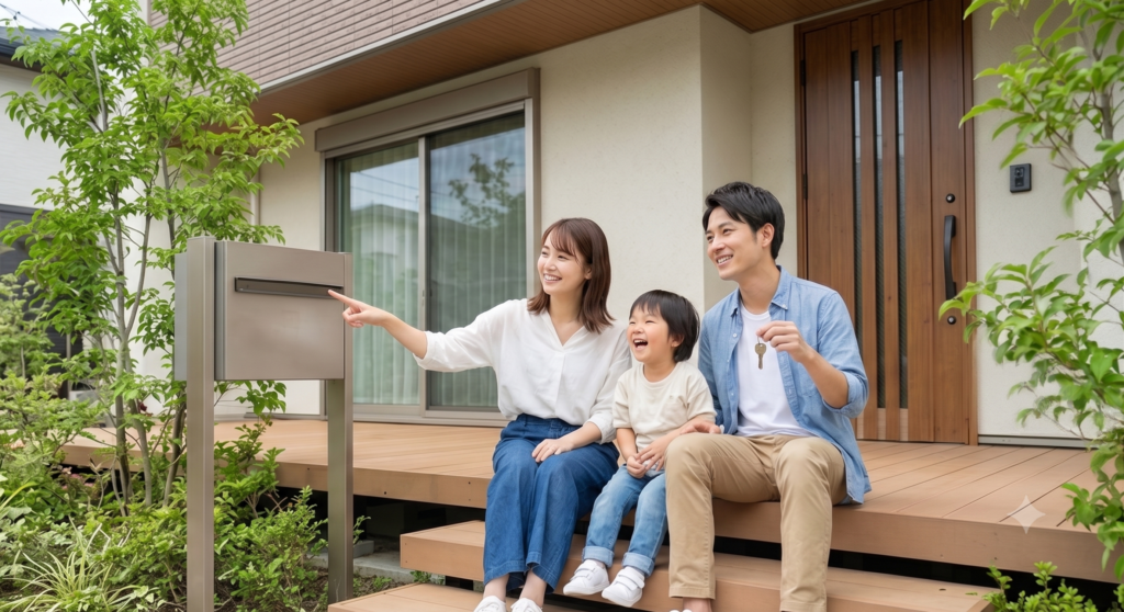 新築マイホームの前で家の鍵を持って笑顔で並ぶ若い子育て家族
